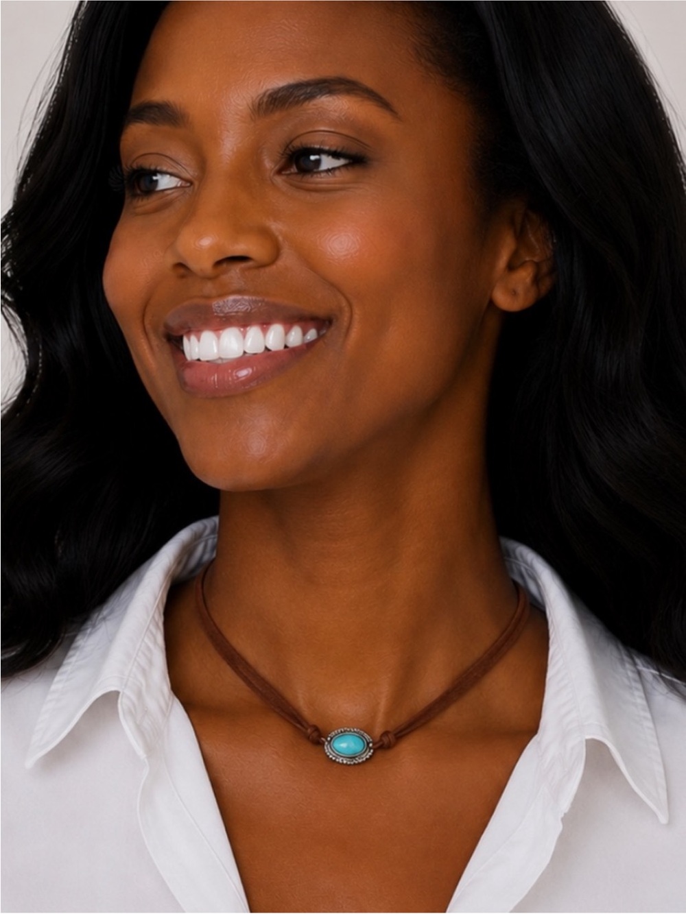New! Western Boho Brown Suede Turquoise Choker Necklace NWOT 5031